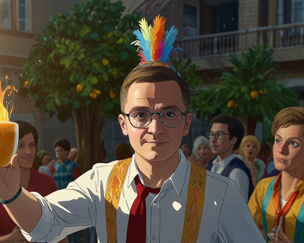 ein Mann mit einem lustigen Hut beim feiern