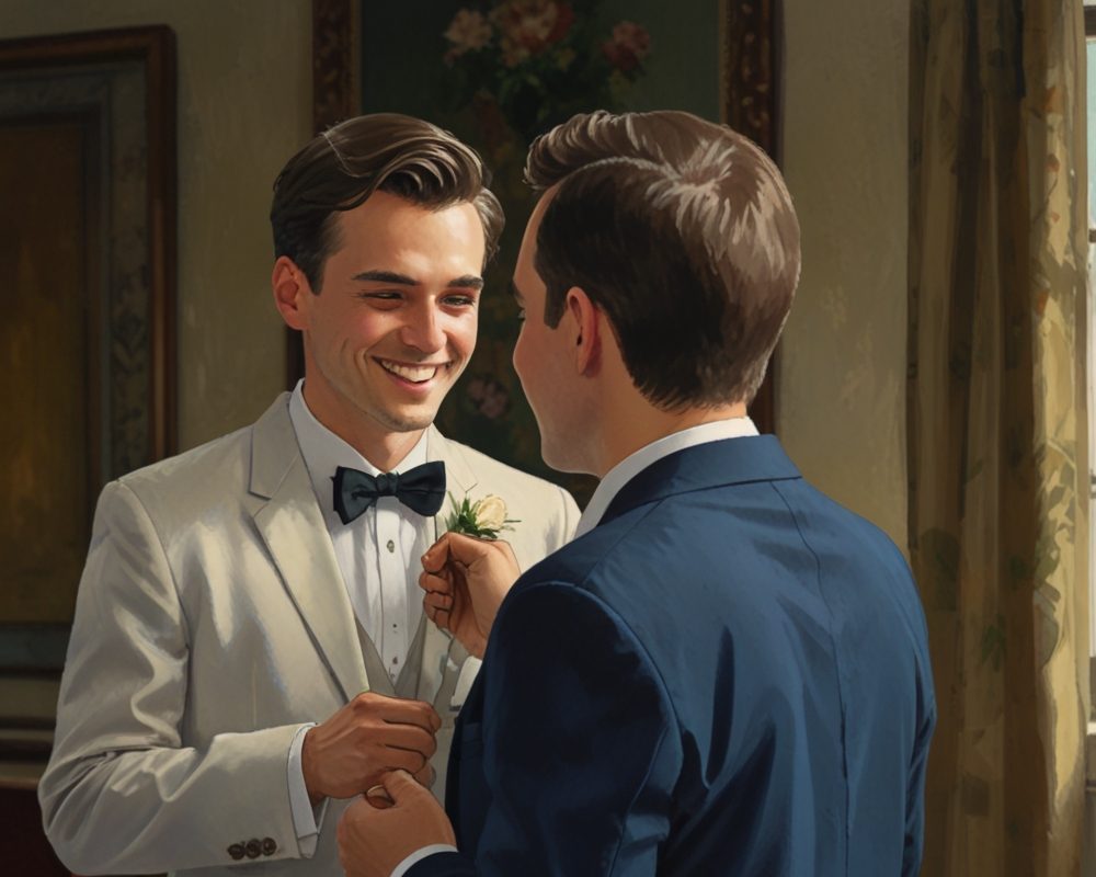 zwei Männer machen sich für die Hochzeit bereit